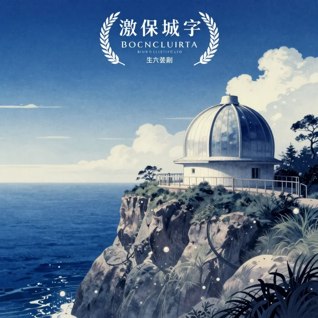 a cliffside observatory in a gentle sea breeze, Japanese woodblock-inspired editorial art, calm negative space, indigo a