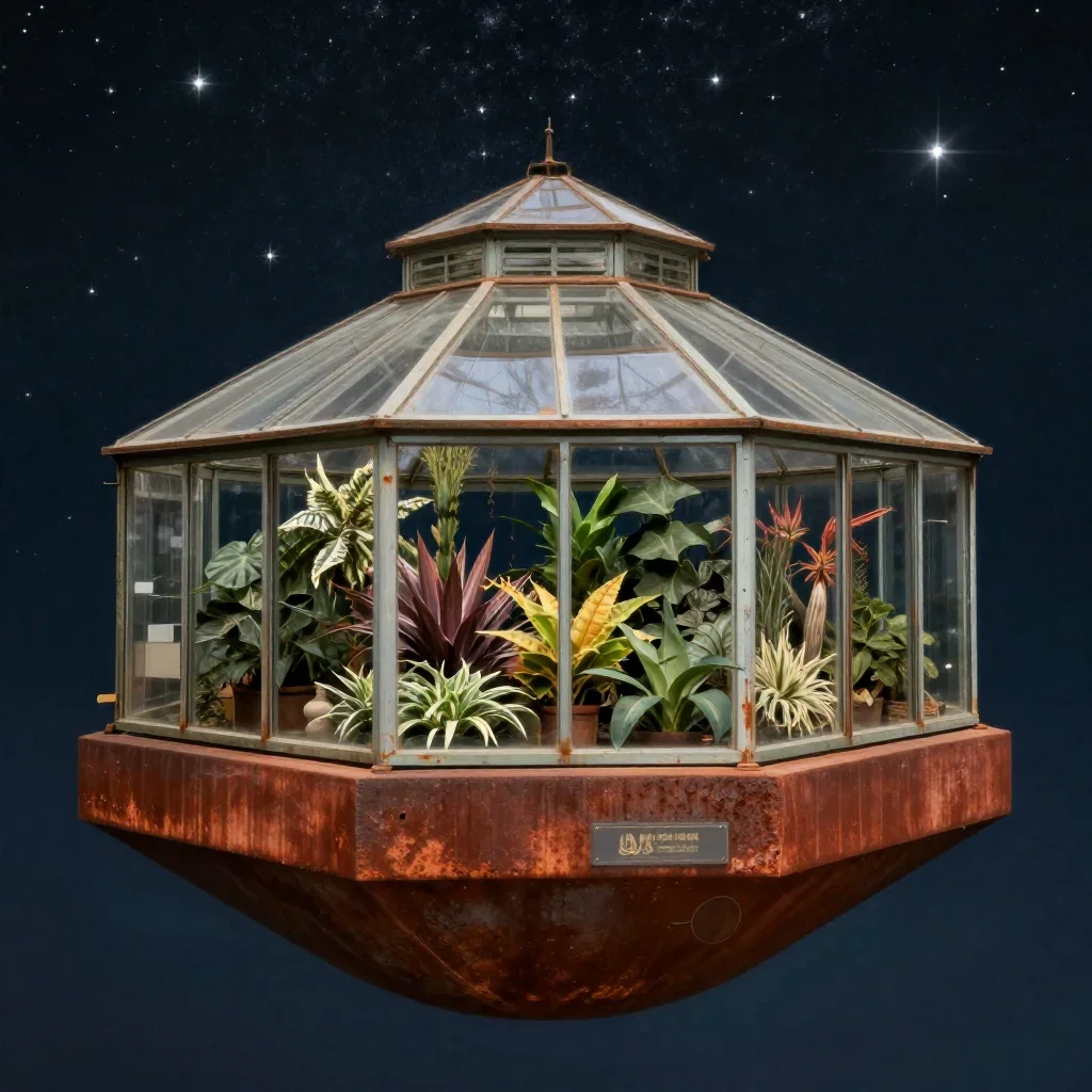 a floating botanical conservatory beneath a star-filled sky, museum-quality still-life photography, atmospheric depth, r