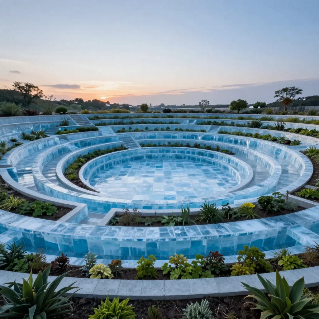 a ring habitat with terraced gardens at blue hour, cinematic architectural photography, crisp material detail, ice blue 