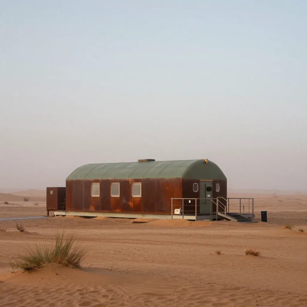 a desert research station under soft dawn fog, refined editorial travel photography, soft volumetric light, rust and sag