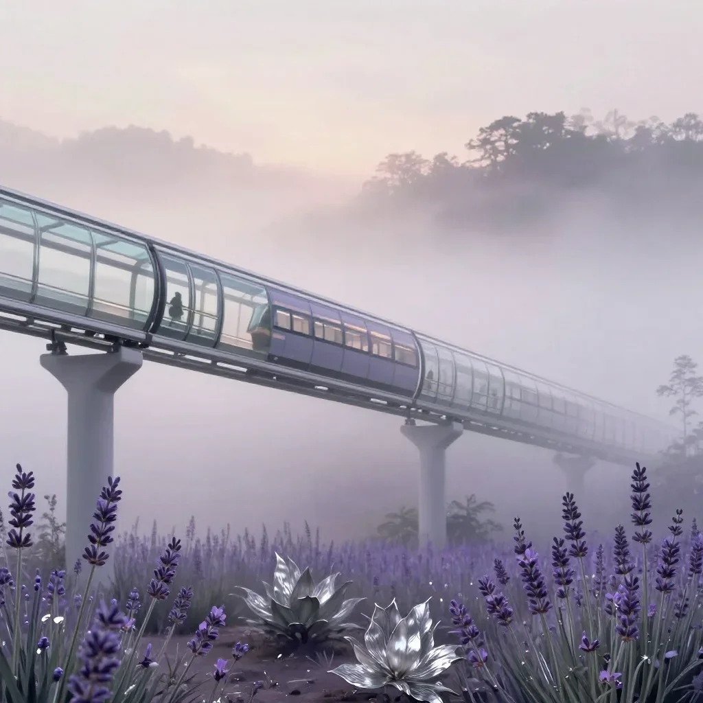a glass monorail under soft dawn fog, contemporary botanical illustration, gentle reflected light, lavender and silver p