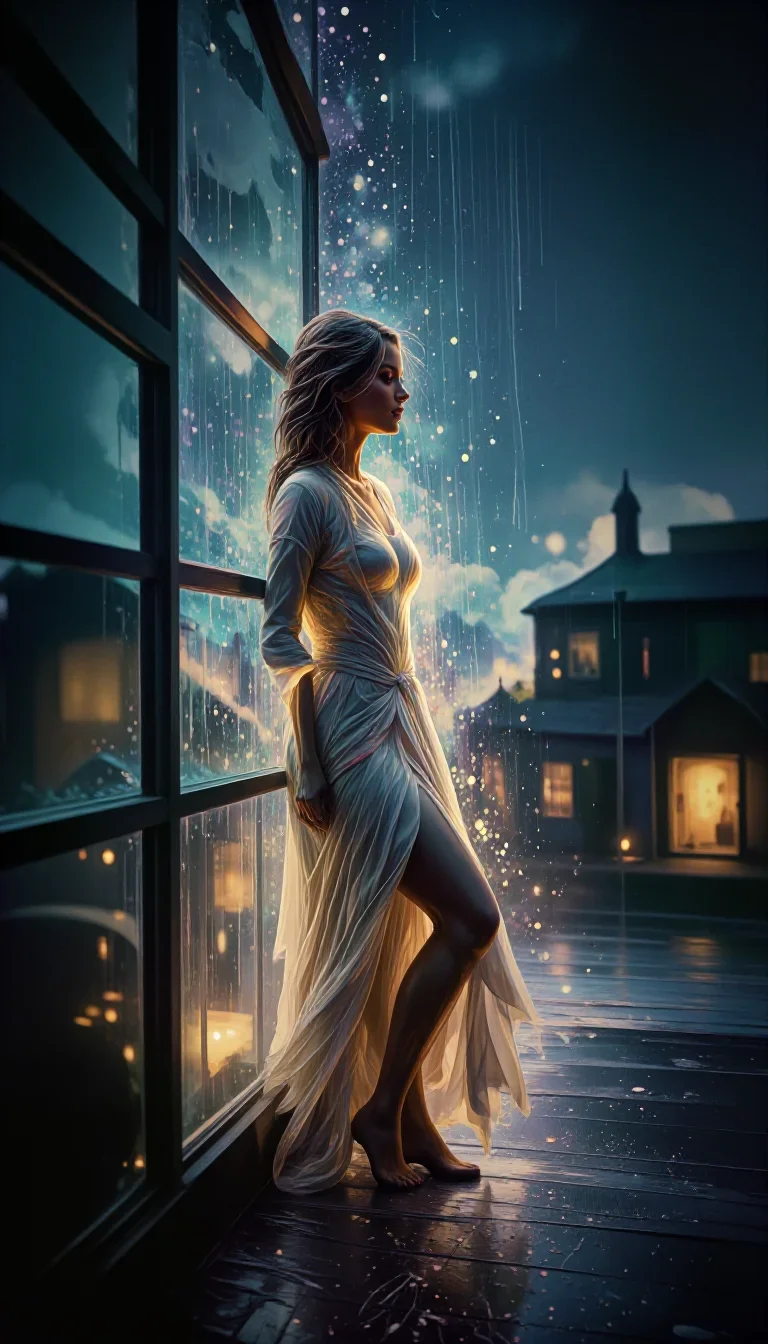 a lover leaning against rain-streaked glass mid-turn with fabric catching the light, on a neon-lit rooftop at midnight, 