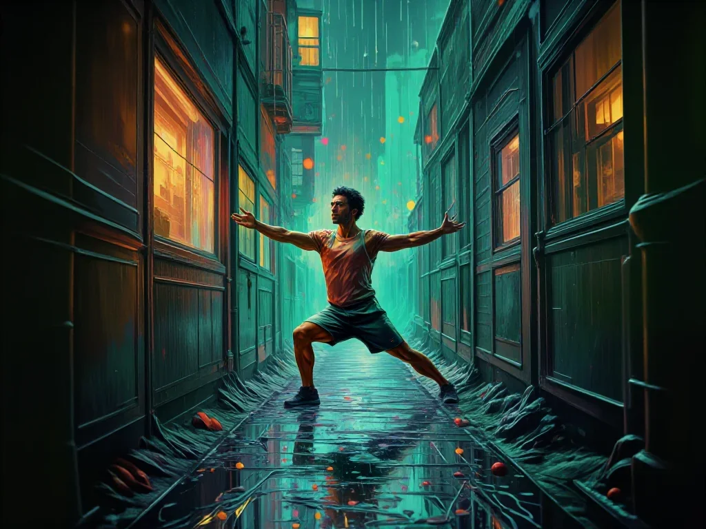 a fitness creator stretching in a sunlit loft in a bold, open-armed welcome, in a rain-slick neon alley, National Geogra