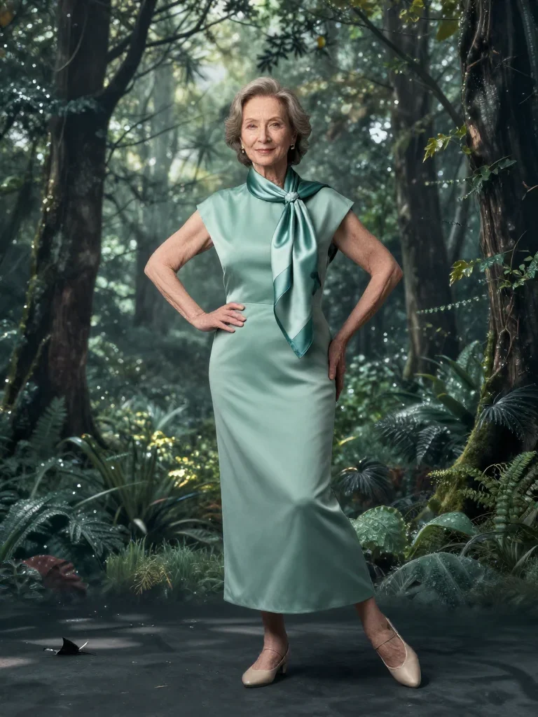 an elegant older stateswoman in a silk scarf in a graceful contrapposto pose, in a dewy forest clearing, Vogue-style stu