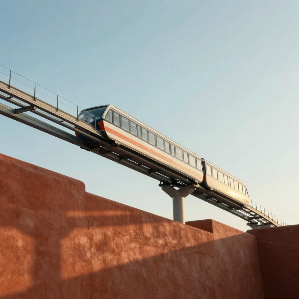 a glass monorail in crisp winter sunlight, dreamlike fine-art landscape photography, restrained color harmony, terracott