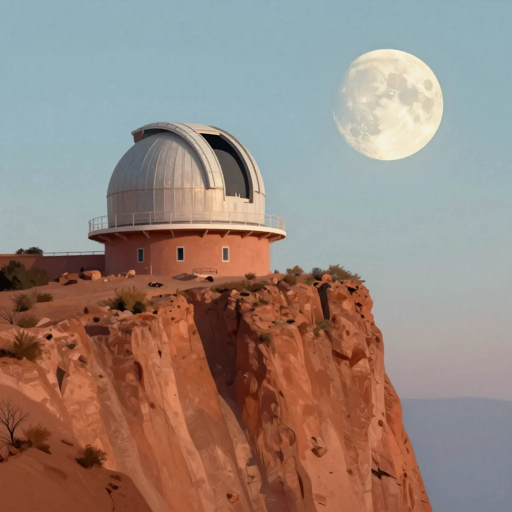 a cliffside observatory at moonrise, modernist poster illustration, restrained color harmony, terracotta and pale sky bl