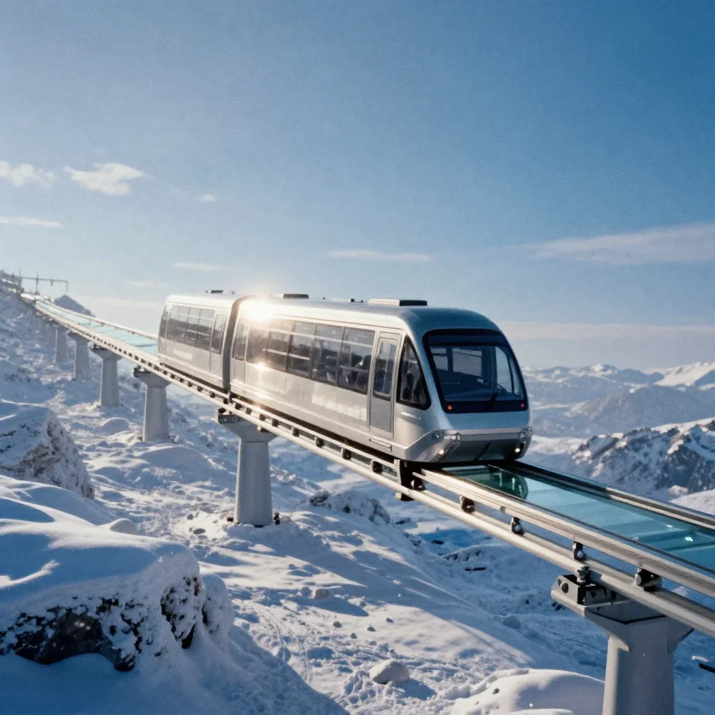 a glass monorail in crisp winter sunlight, quiet science-fiction concept art, subtle film grain, indigo and pearl palett
