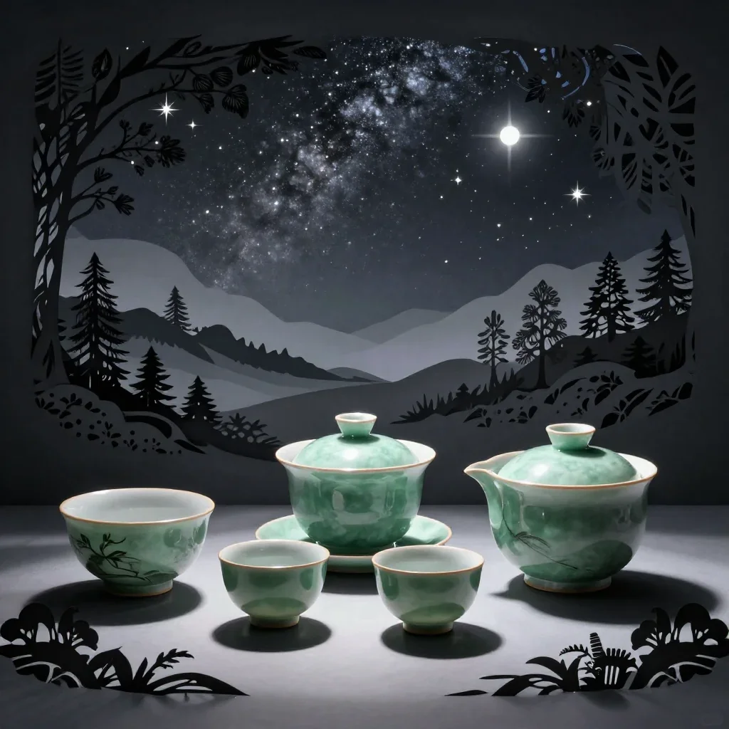 a hand-thrown ceramic tea set beneath a star-filled sky, intricate paper-cut illustration, atmospheric depth, jade and c