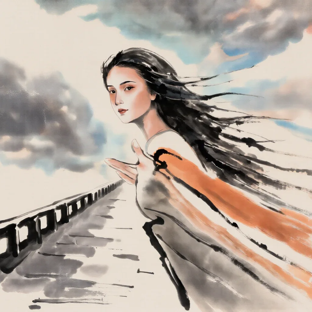 a spectral fox-spirit woman in an ink wash in a gentle reach toward the lens, on a storm-washed boardwalk, editorial gla