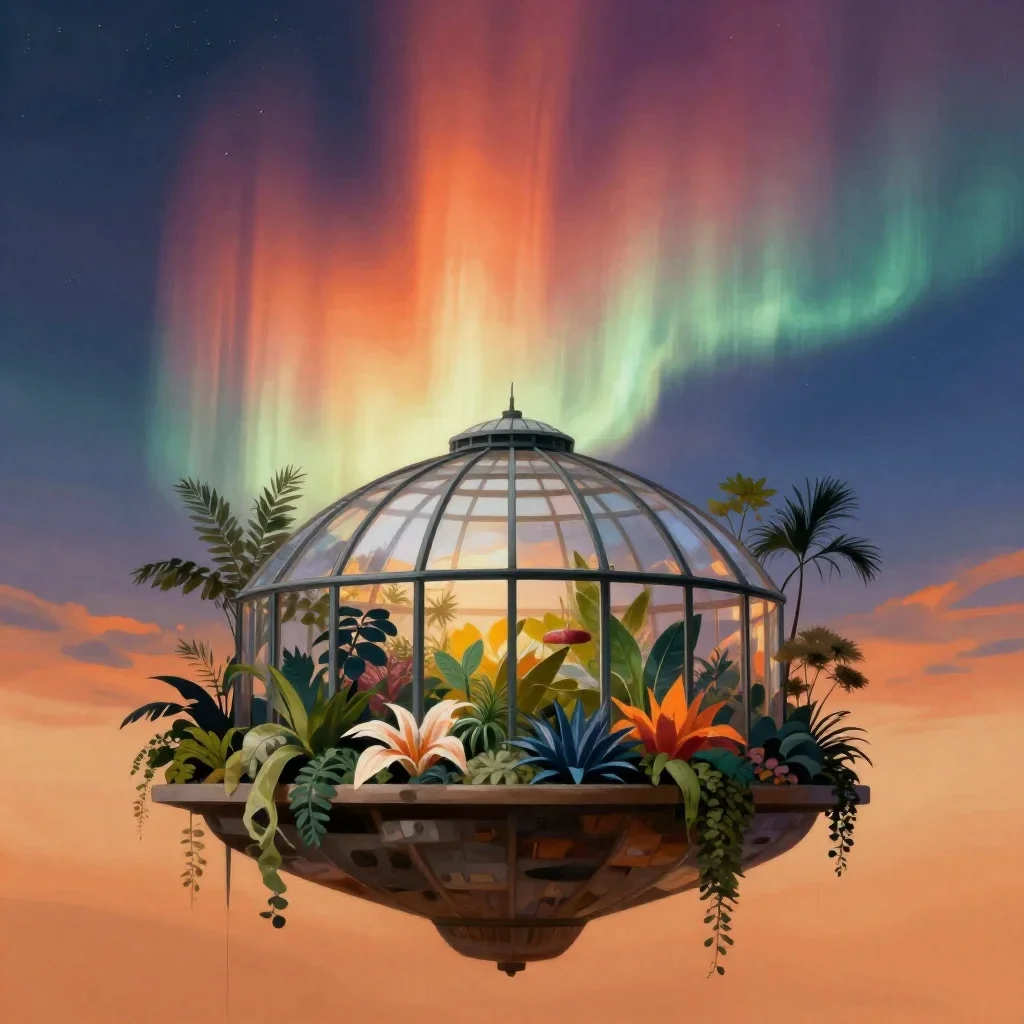 a floating botanical conservatory beneath an aurora, modernist poster illustration, soft volumetric light, ochre and ult