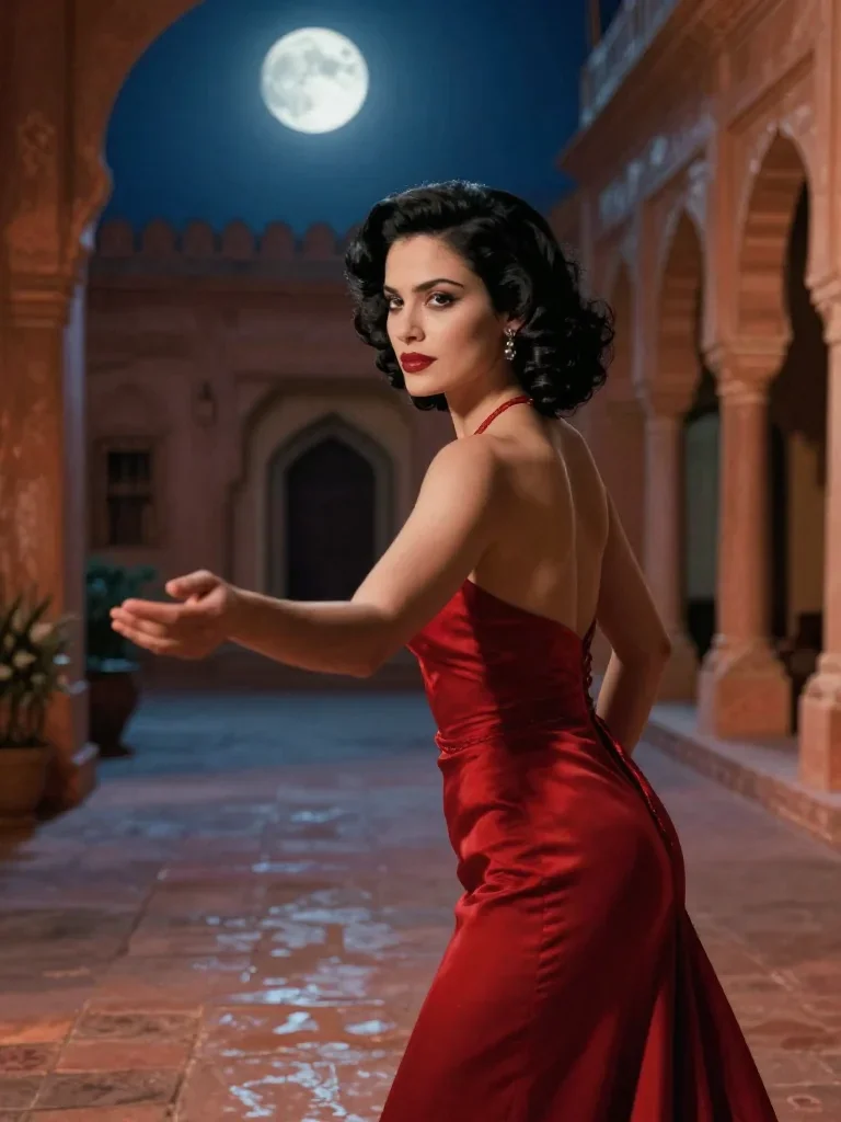 a femme fatale in a crimson backless gown in a gentle reach toward the lens, in a moonlit palace courtyard, neo-noir cin