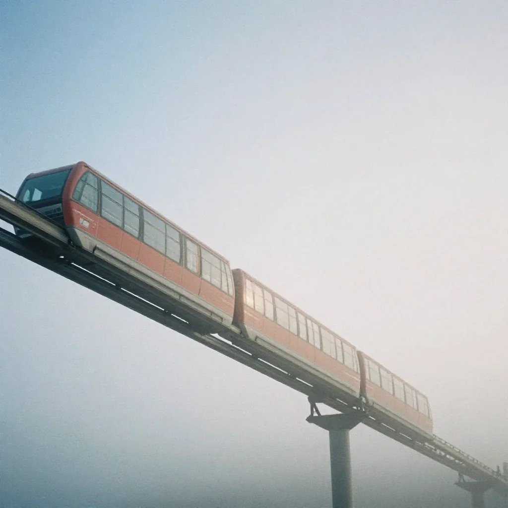 a glass monorail under soft dawn fog, soft-grain analog film photography, clean natural textures, terracotta and pale sk