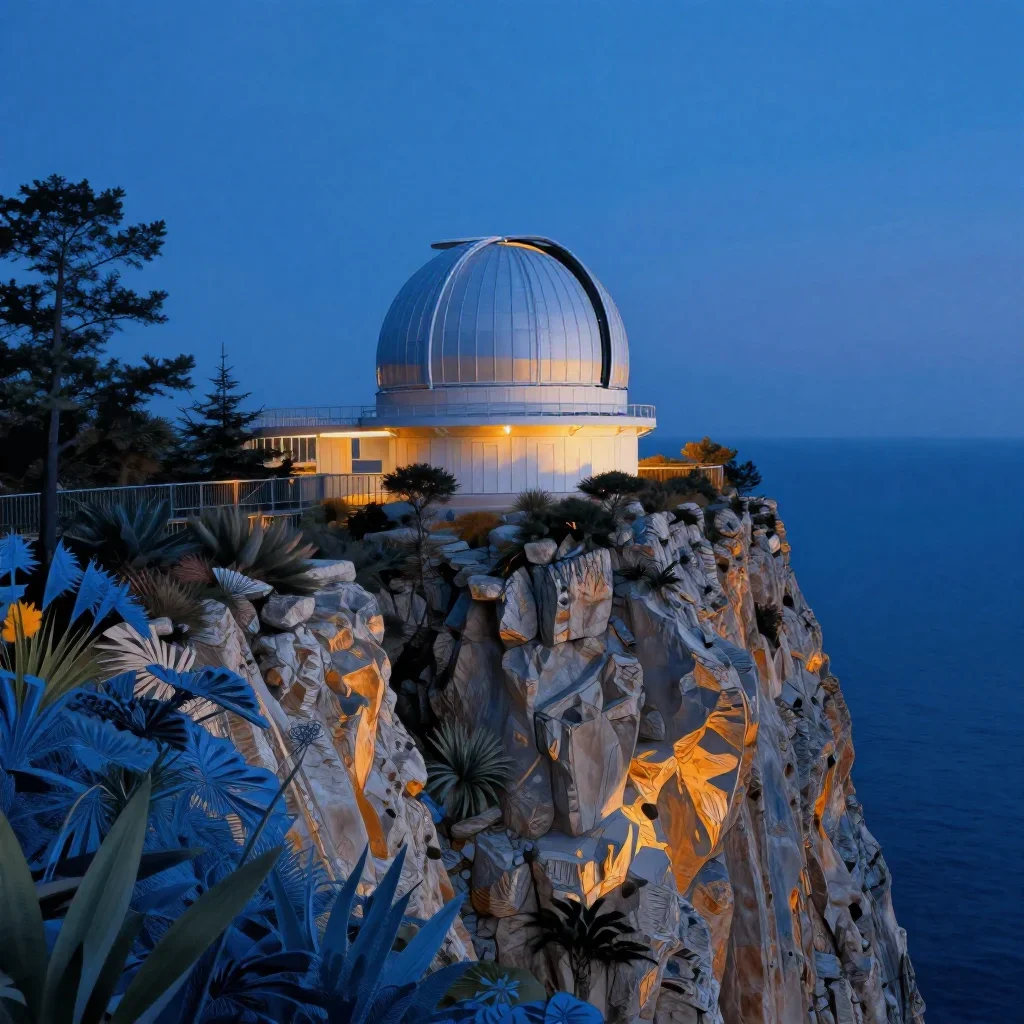 a cliffside observatory at blue hour, contemporary botanical illustration, soft volumetric light, cobalt and amber palet