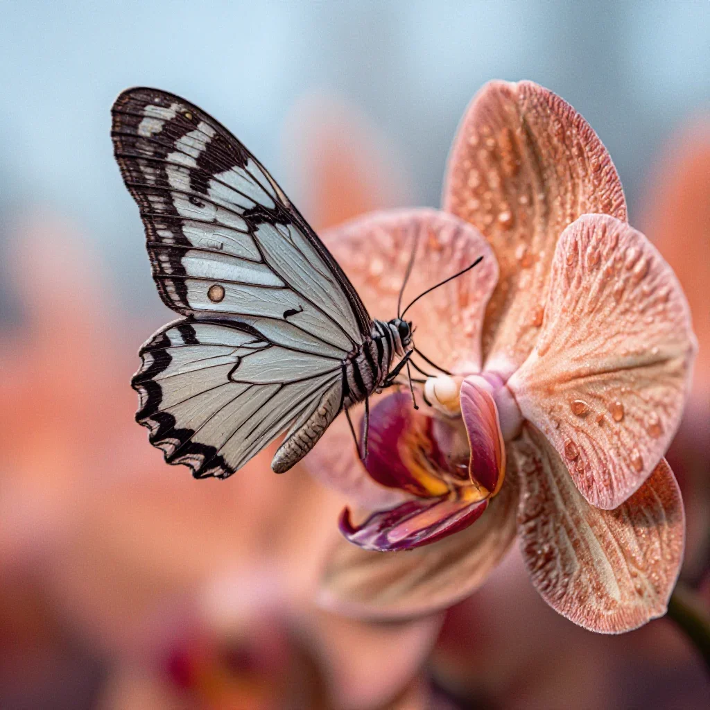 a glasswing butterfly on an orchid after warm summer rain, Japanese woodblock-inspired editorial art, subtle film grain,