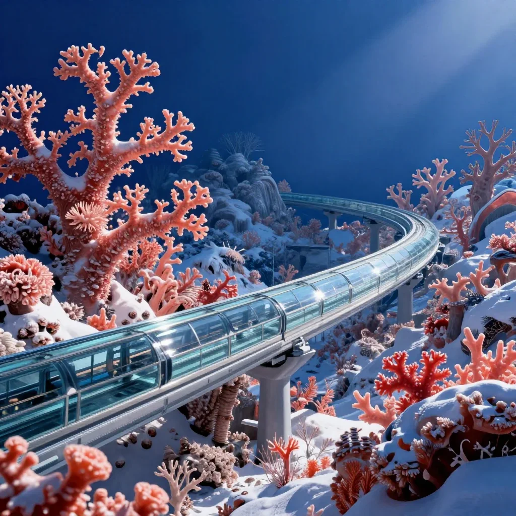 a glass monorail in crisp winter sunlight, dreamlike fine-art landscape photography, crisp material detail, coral and mi