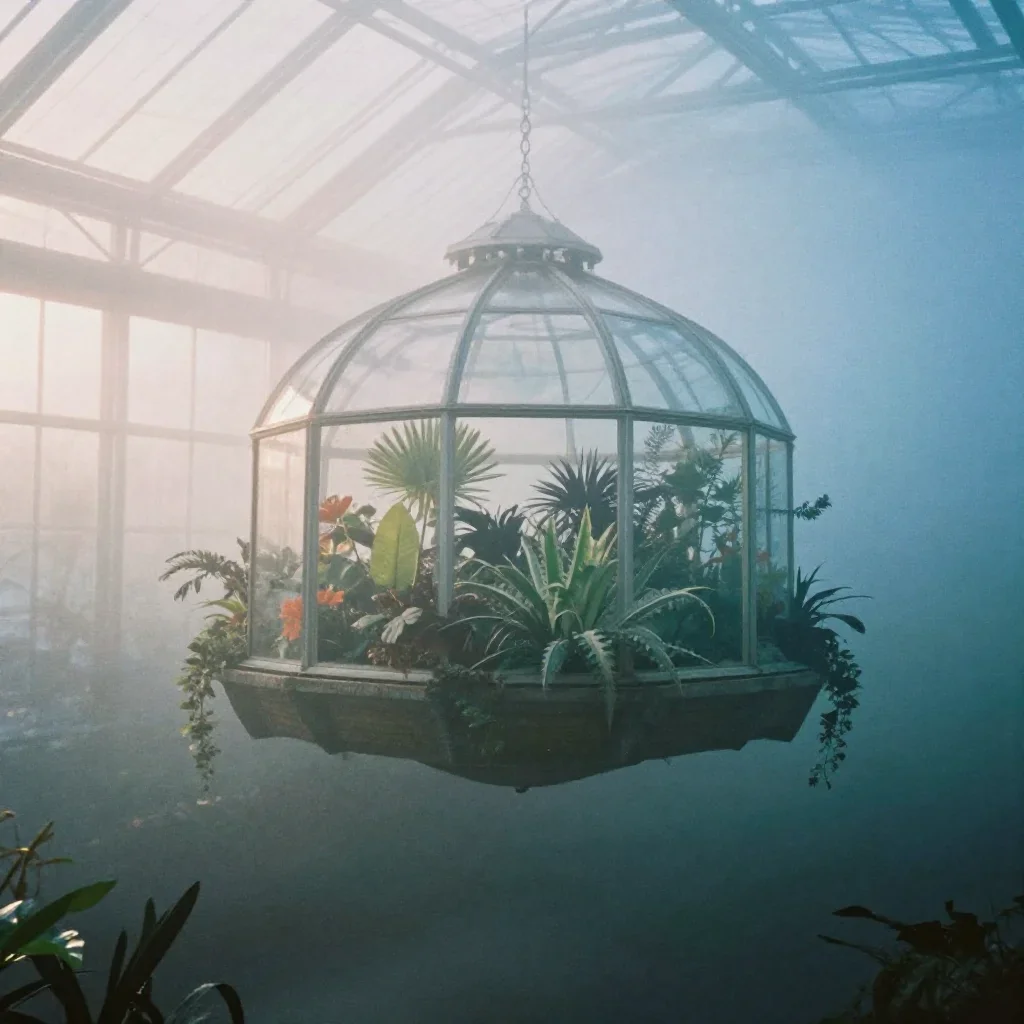 a floating botanical conservatory under soft dawn fog, soft-grain analog film photography, soft volumetric light, cobalt