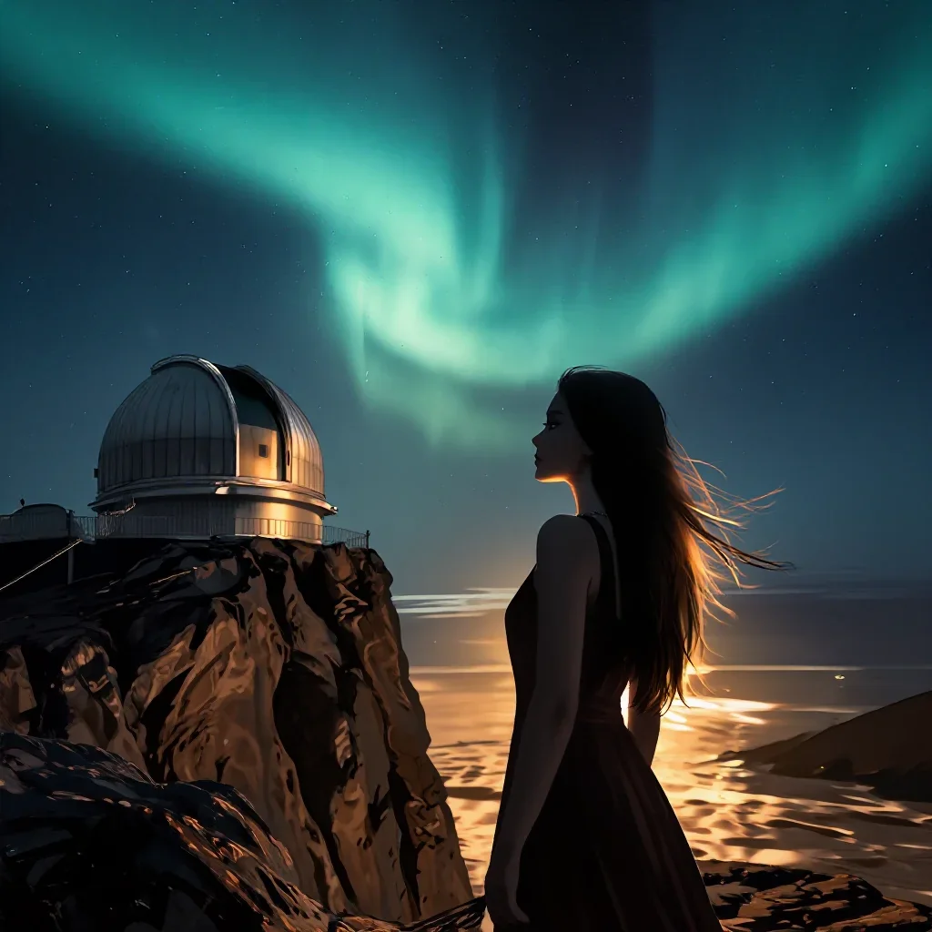 a cliffside observatory beneath an aurora, refined editorial travel photography, gentle reflected light, cobalt and ambe