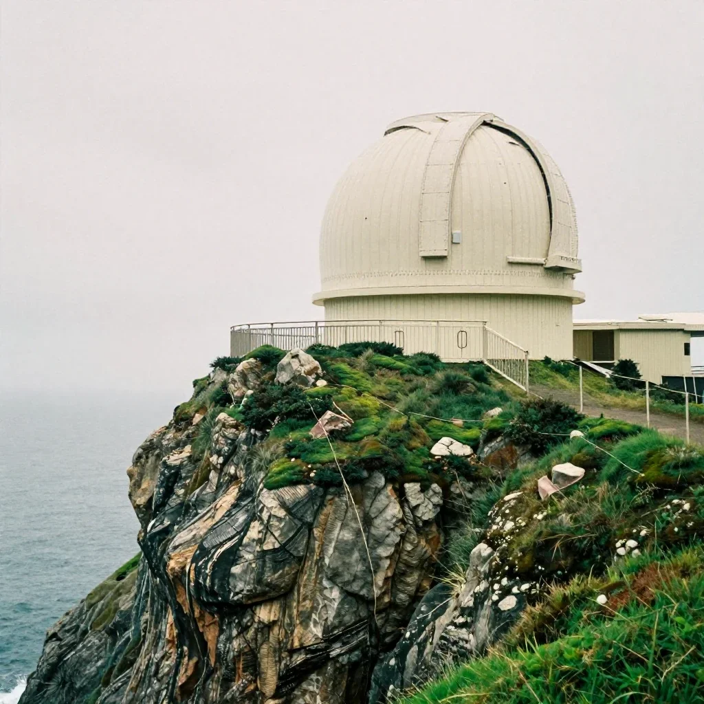 a cliffside observatory under overcast coastal light, soft-grain analog film photography, atmospheric depth, moss green 