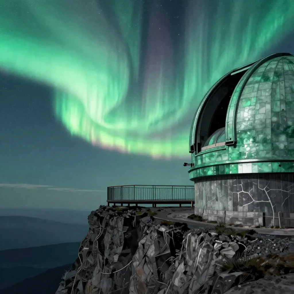 a cliffside observatory beneath an aurora, Japanese woodblock-inspired editorial art, crisp material detail, jade and ch