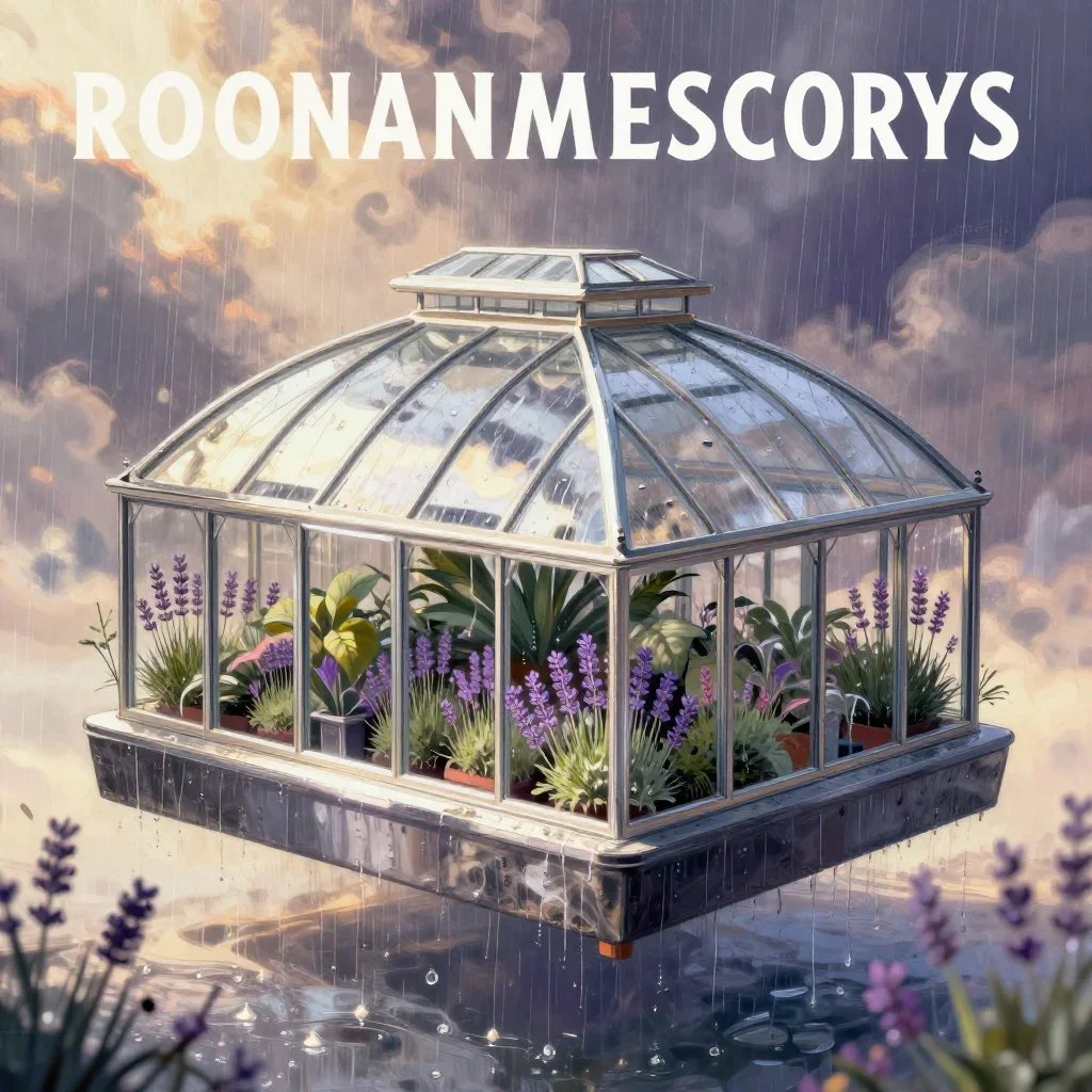 a floating botanical conservatory after warm summer rain, modernist poster illustration, clean natural textures, lavende