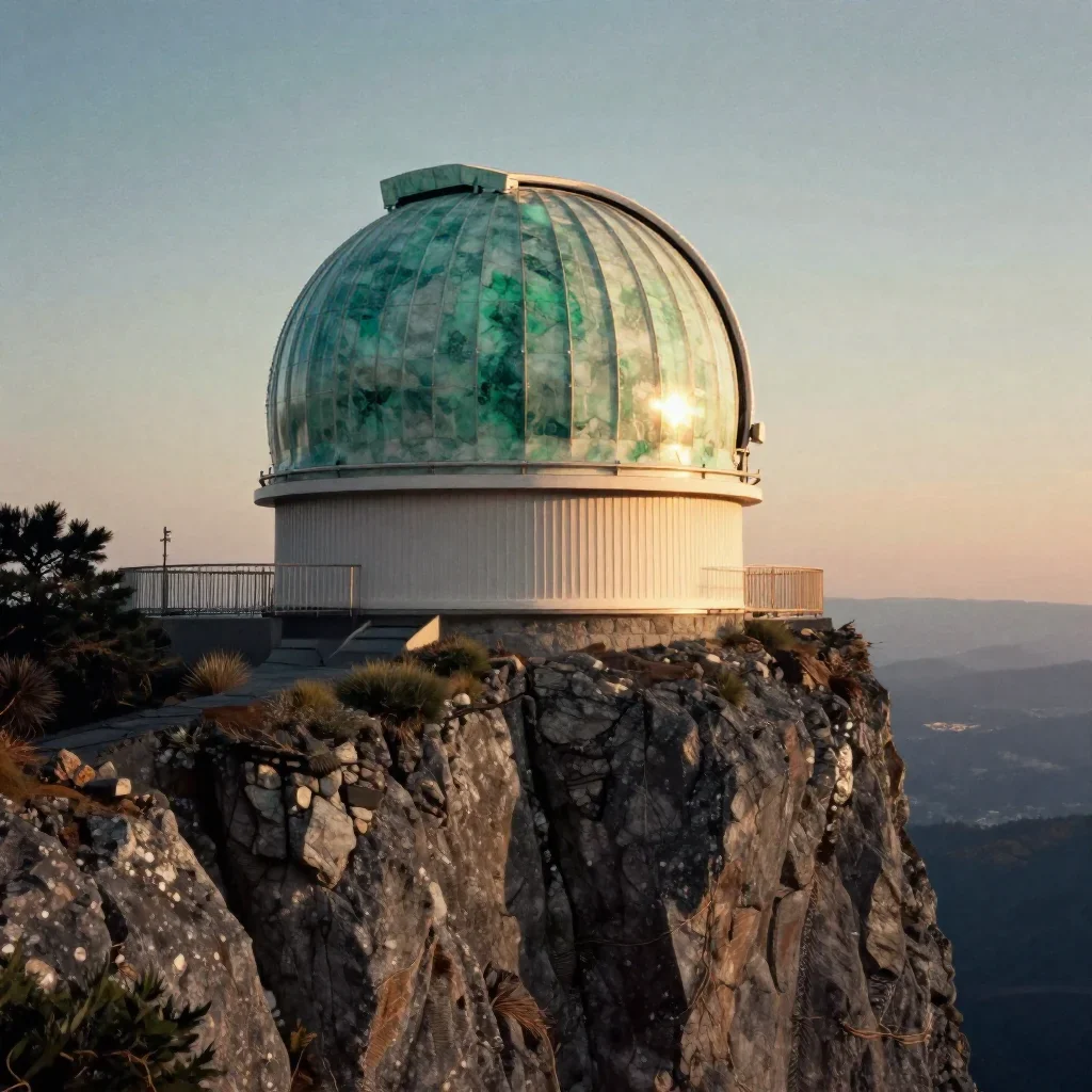 a cliffside observatory during golden hour, Japanese woodblock-inspired editorial art, subtle film grain, jade and charc