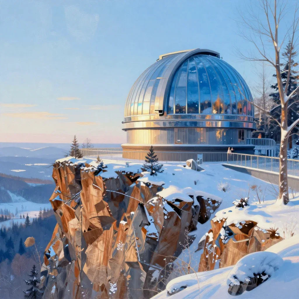 a cliffside observatory in crisp winter sunlight, contemporary botanical illustration, gentle reflected light, ice blue 