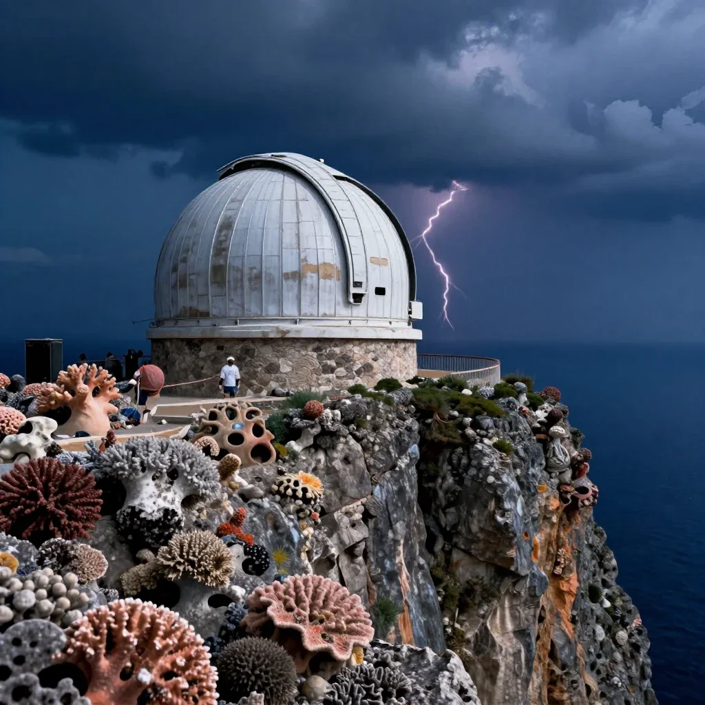 a cliffside observatory after a distant thunderstorm, refined editorial travel photography, weathered tactile surfaces, 
