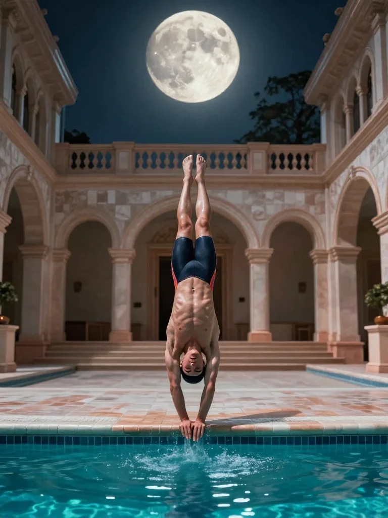 a swimmer before the plunge in a racing suit in a deep breath with eyes closed, in a moonlit palace courtyard, cinematic