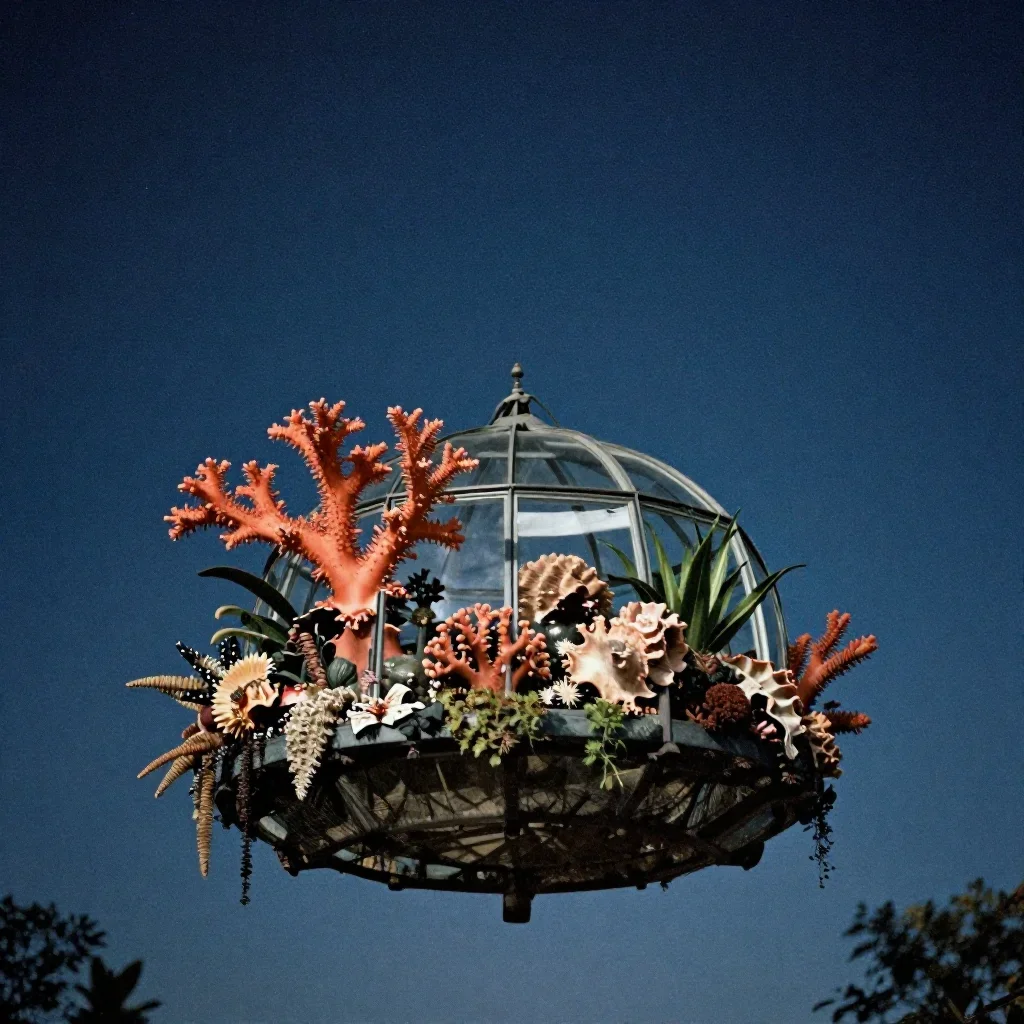 a floating botanical conservatory beneath a star-filled sky, soft-grain analog film photography, restrained color harmon