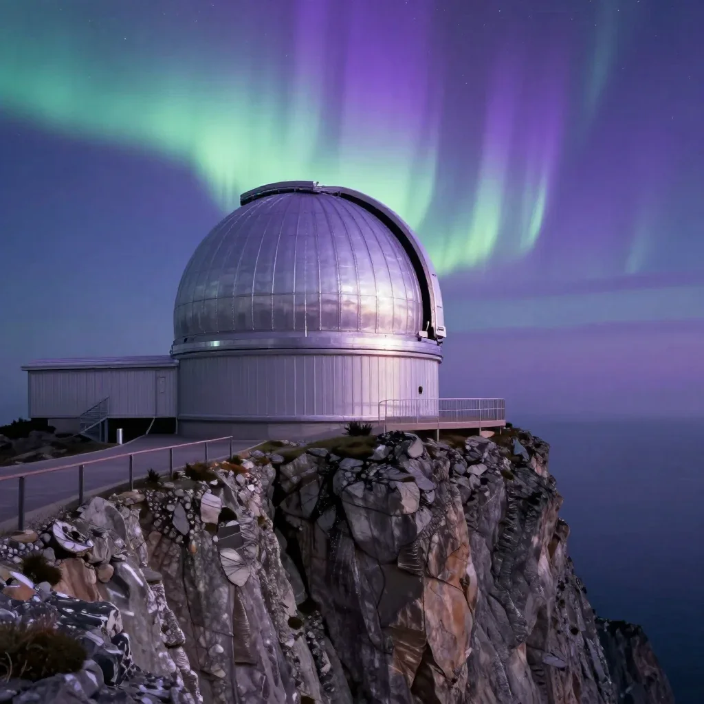 a cliffside observatory beneath an aurora, refined editorial travel photography, crisp material detail, lavender and sil
