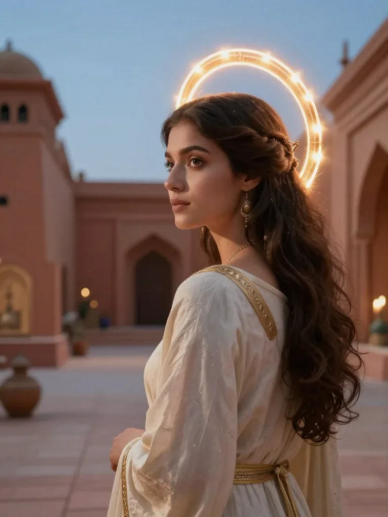 a celestial priestess with haloed candlelight in an alluring over-the-shoulder glance, in a moonlit palace courtyard, my