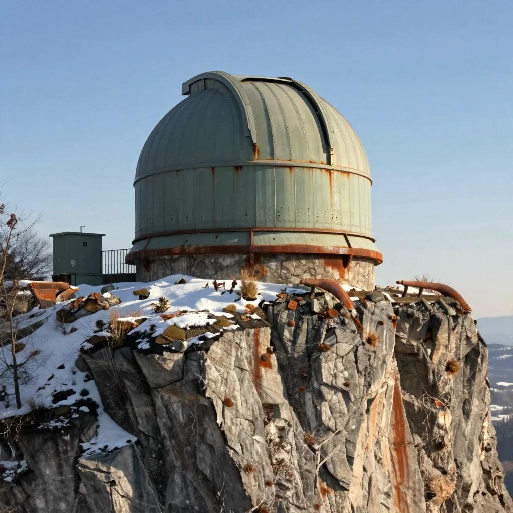 a cliffside observatory in crisp winter sunlight, quiet science-fiction concept art, clean natural textures, rust and sa