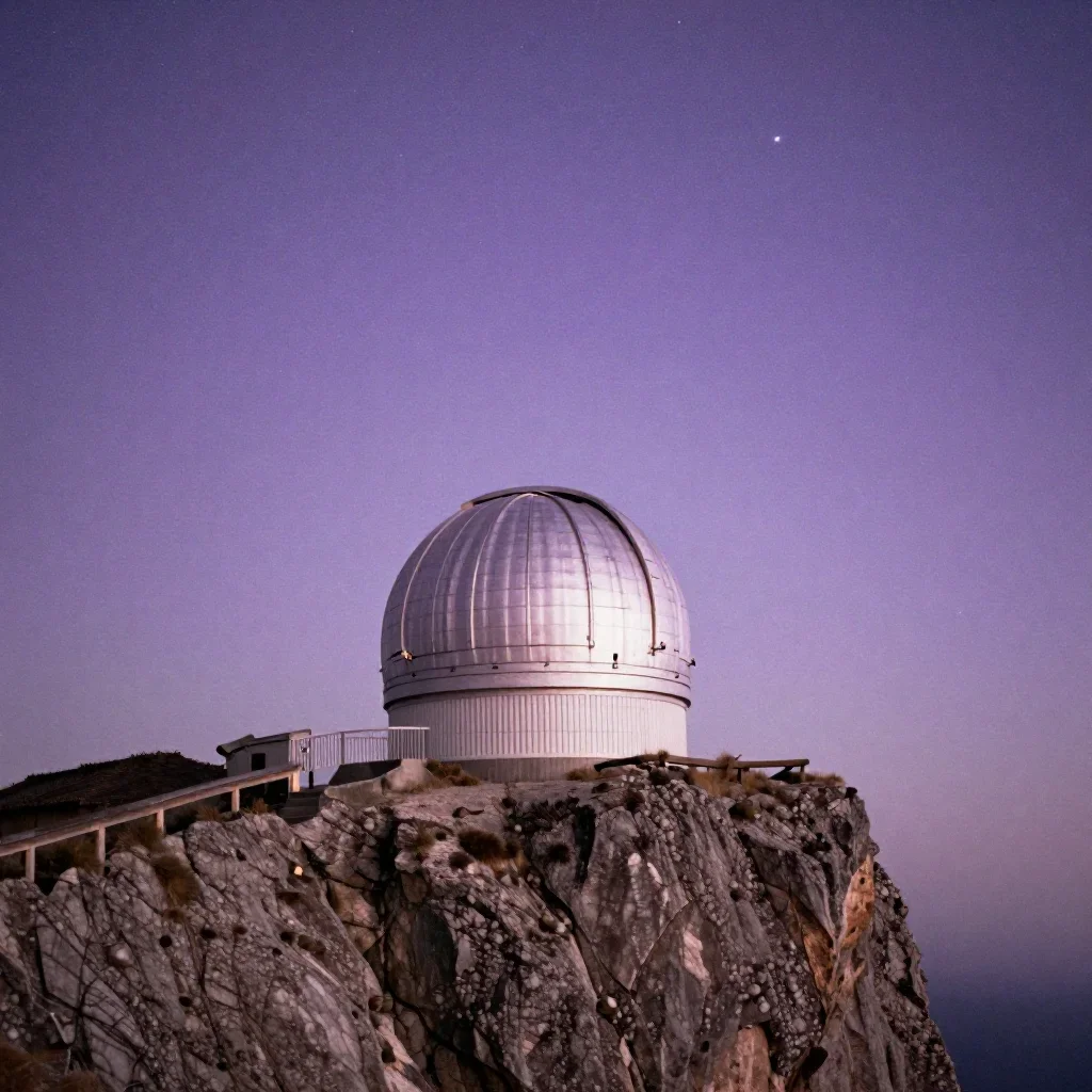 a cliffside observatory beneath a star-filled sky, refined editorial travel photography, subtle film grain, lavender and