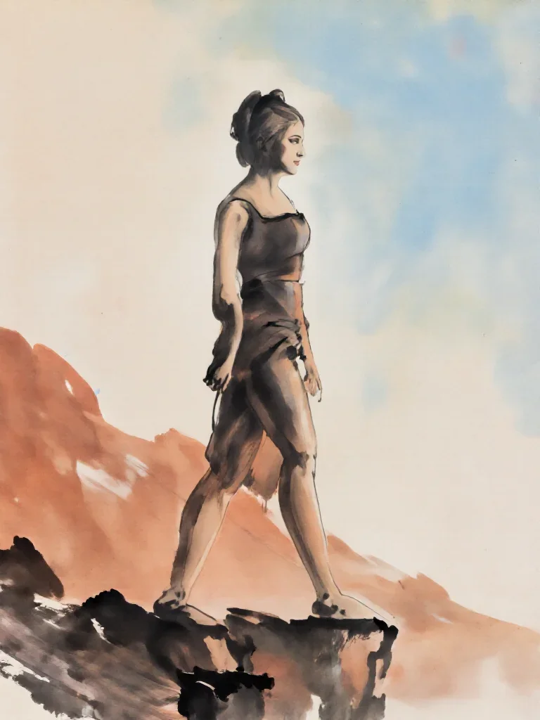 a spectral fox-spirit woman in an ink wash in a confident cinematic stride, on a sun-drenched cliffside, Renaissance chi