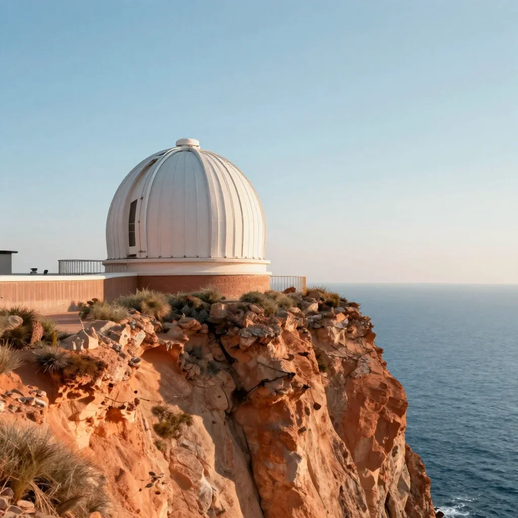 a cliffside observatory in a gentle sea breeze, dreamlike fine-art landscape photography, crisp material detail, terraco