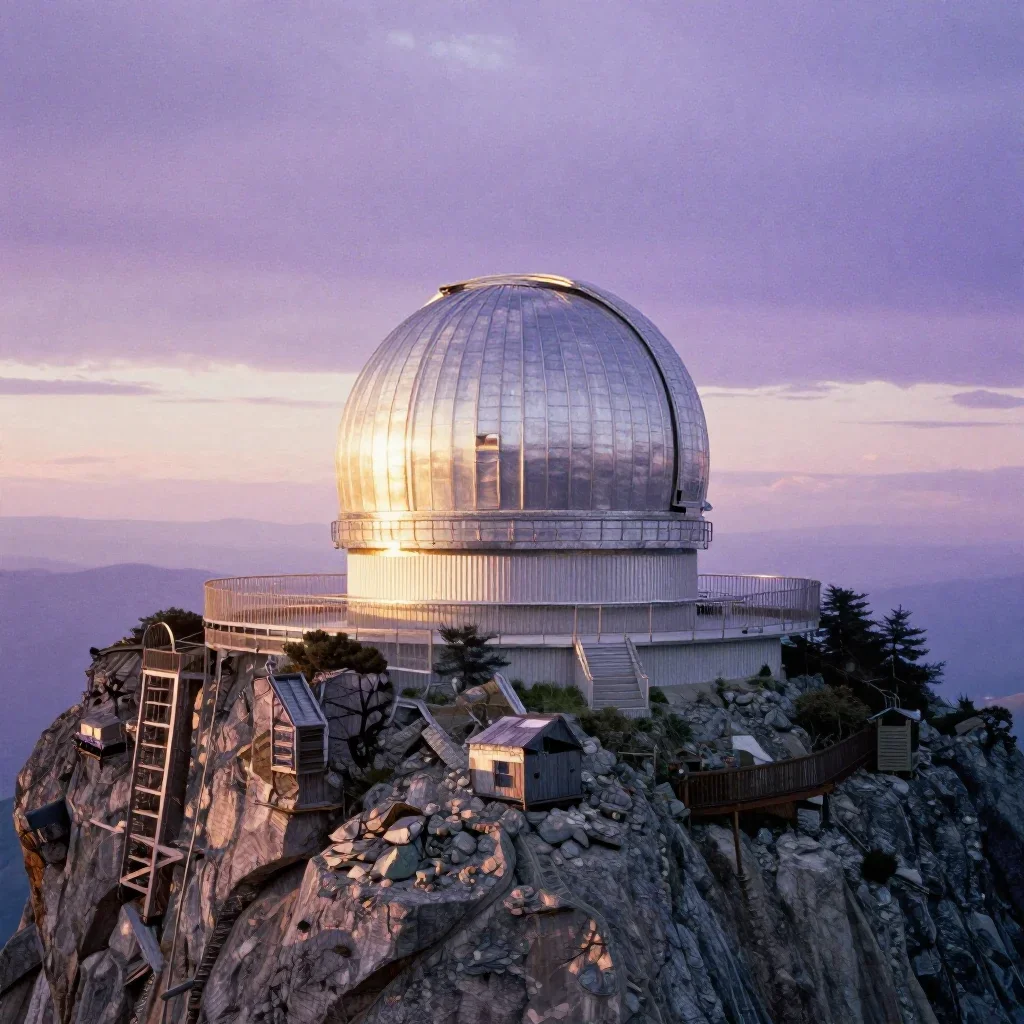 a cliffside observatory during golden hour, Japanese woodblock-inspired editorial art, subtle film grain, lavender and s