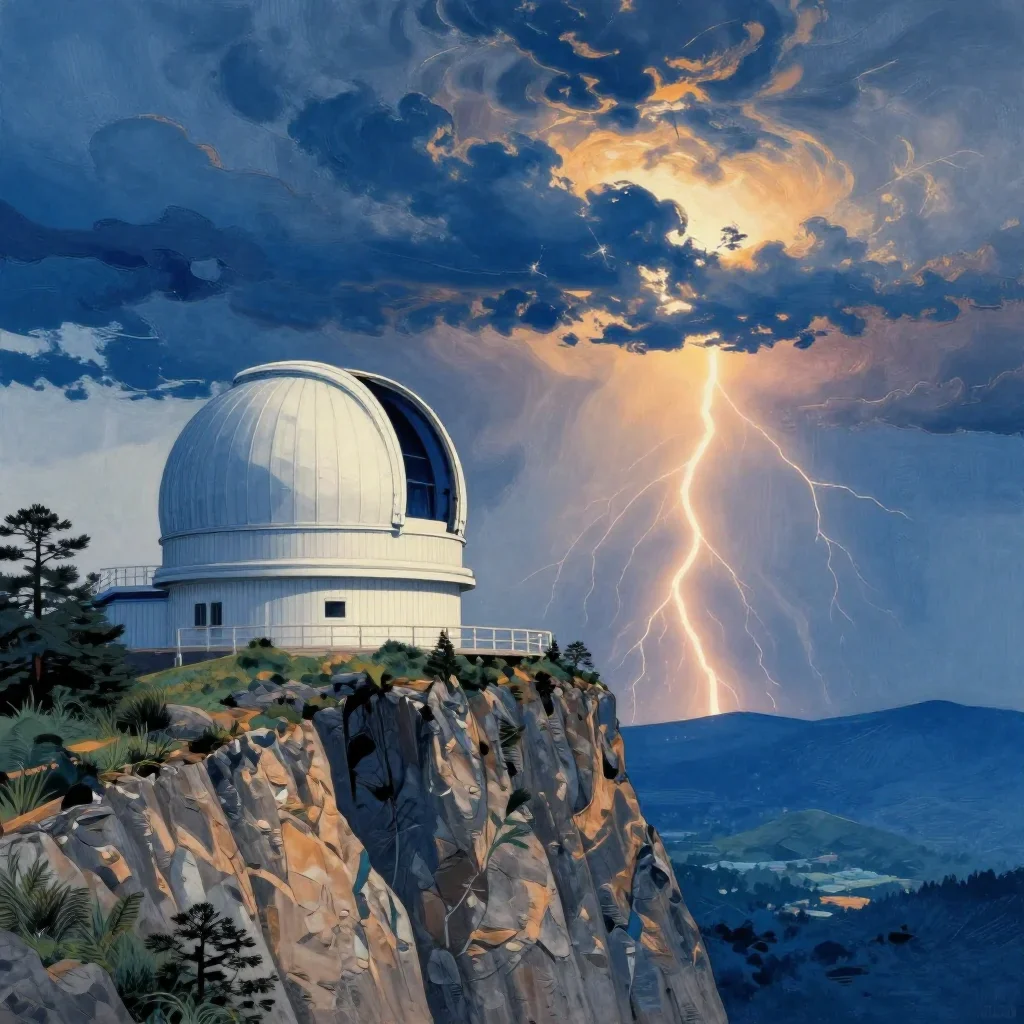 a cliffside observatory after a distant thunderstorm, Japanese woodblock-inspired editorial art, clean natural textures,