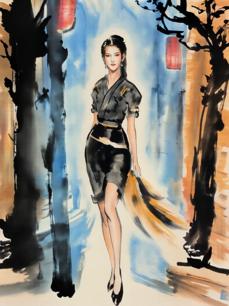 a spectral fox-spirit woman in an ink wash in a confident cinematic stride, in a rain-slick neon alley, editorial glamou