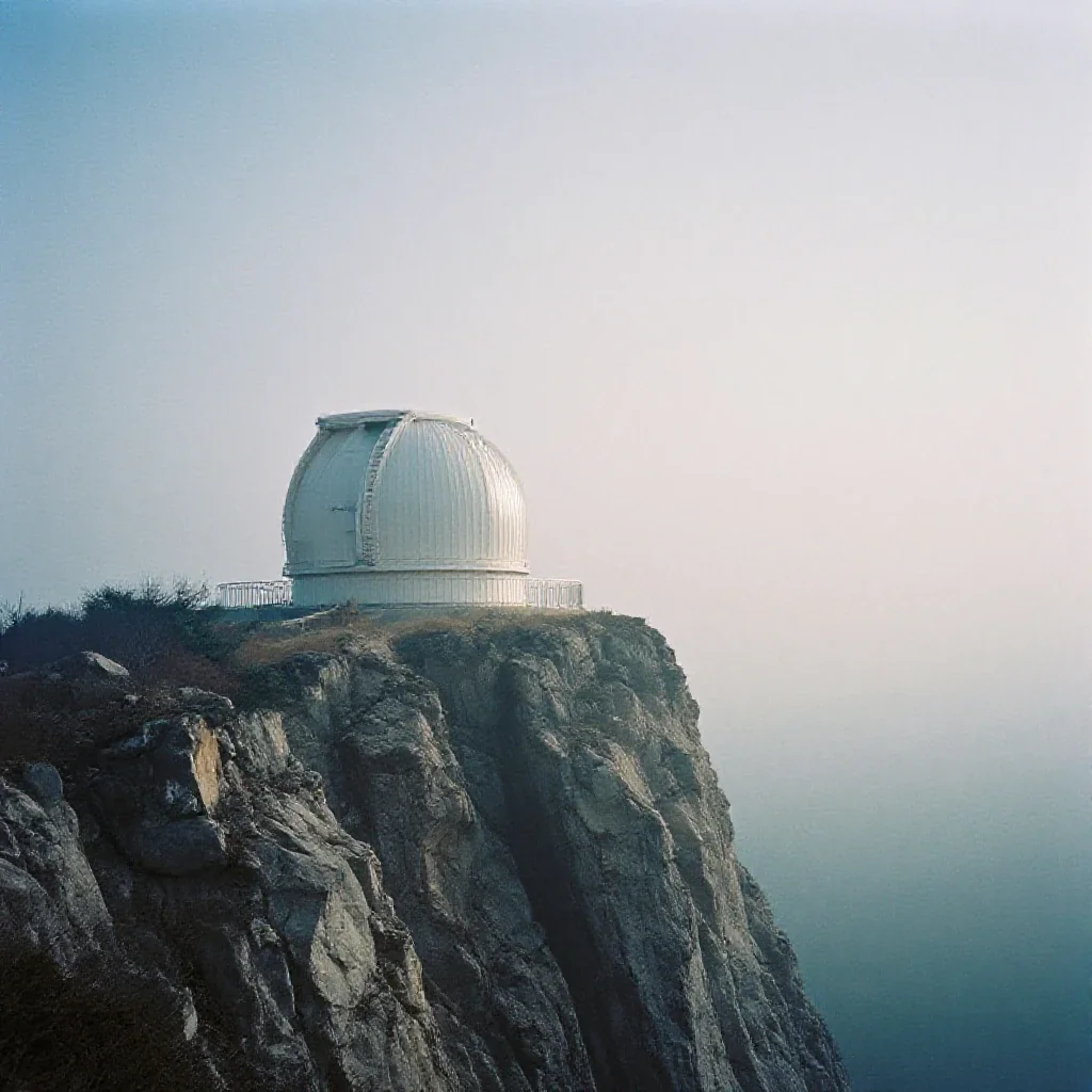 a cliffside observatory in early spring mist, soft-grain analog film photography, restrained color harmony, indigo and p