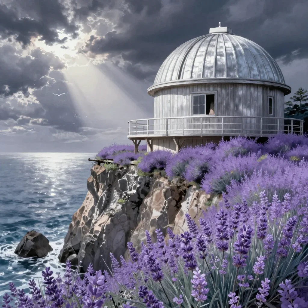 a cliffside observatory in a gentle sea breeze, Japanese woodblock-inspired editorial art, atmospheric depth, lavender a