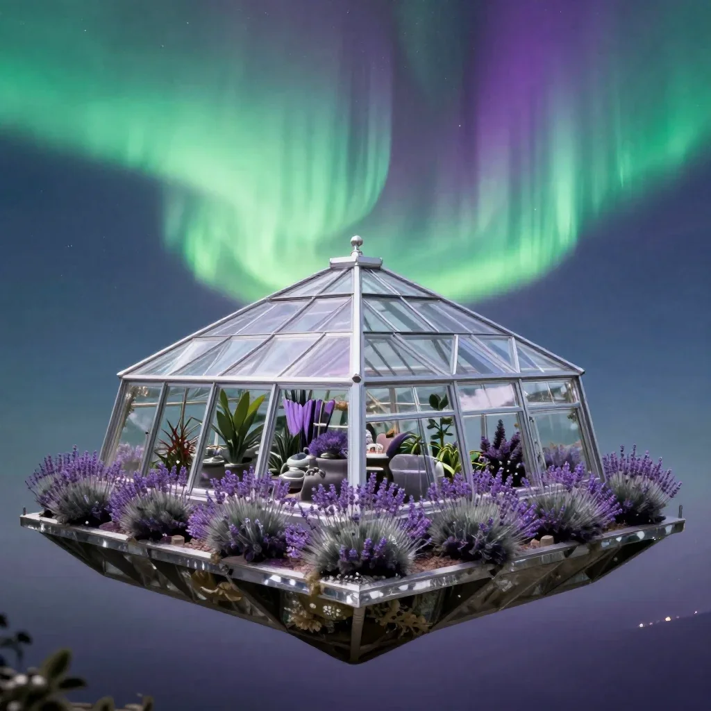 a floating botanical conservatory beneath an aurora, refined editorial travel photography, careful geometric composition