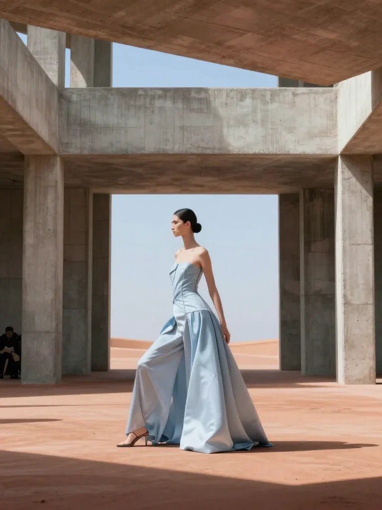 a couture catwalk muse with razor cheekbones in a graceful contrapposto pose, in a brutalist concrete atrium, high-fashi