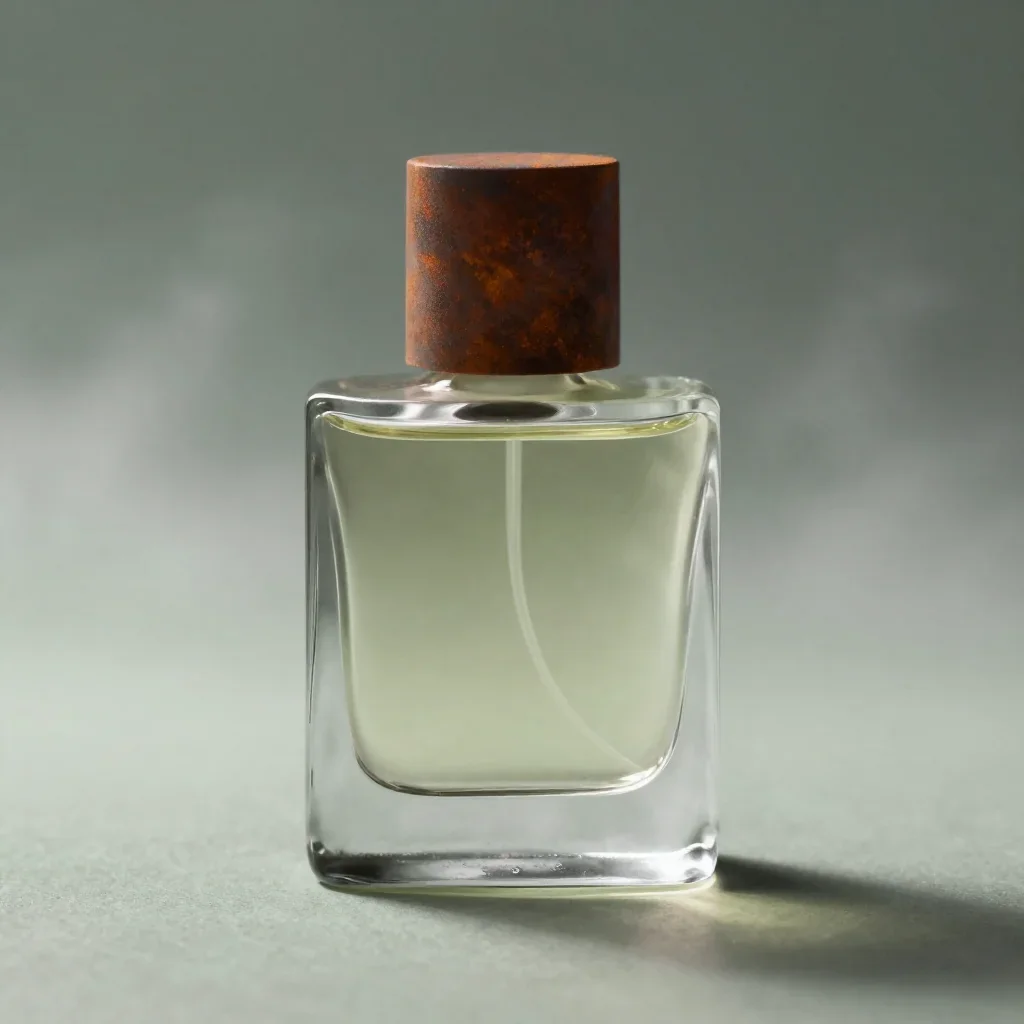 a sculpted glass perfume bottle in early spring mist, minimal geometric 3D art, atmospheric depth, rust and sage palette, family-safe, no text, no logo, no watermark