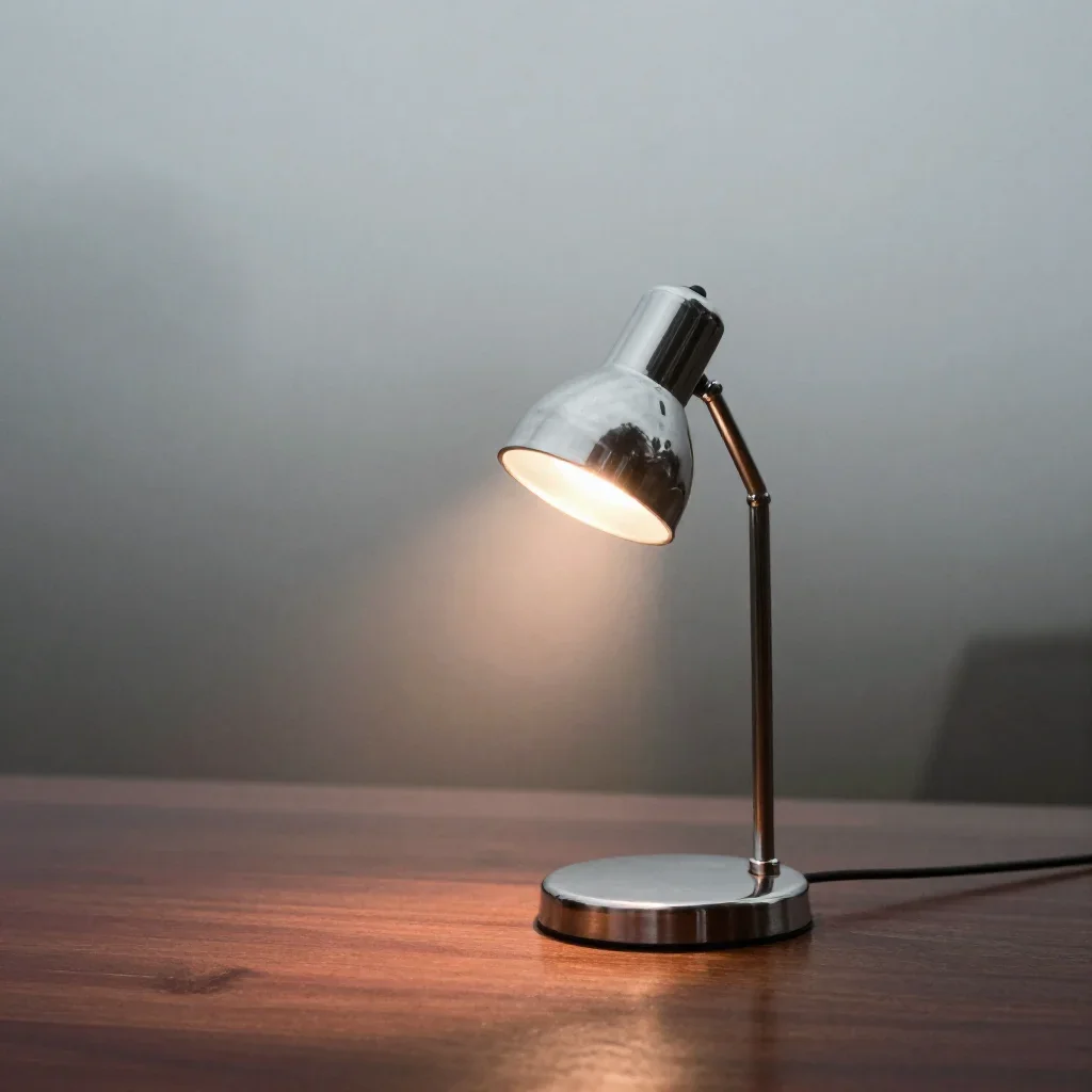 a modular chrome reading lamp in early spring mist, refined editorial travel photography, subtle film grain, garnet and 