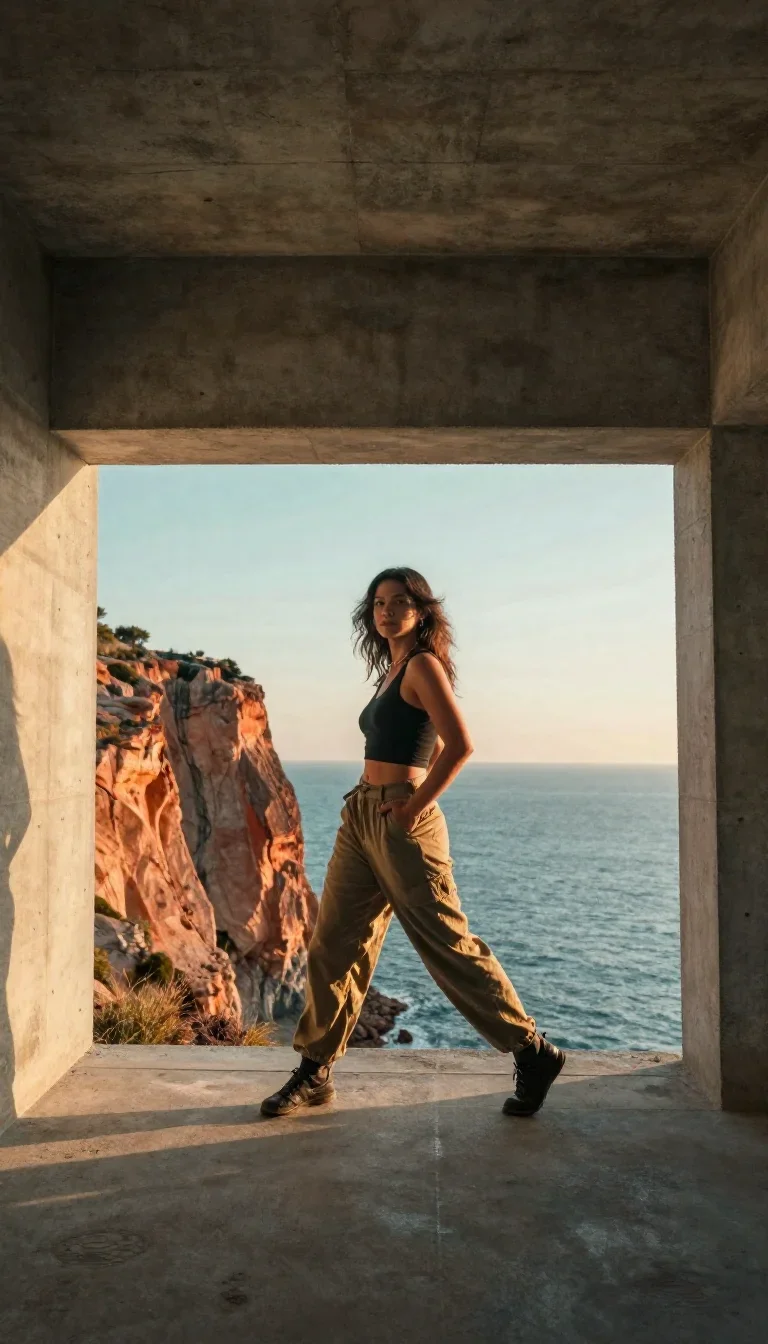 a travel influencer posing on a cliffside at golden hour in a confident cinematic stride, in a brutalist concrete atrium
