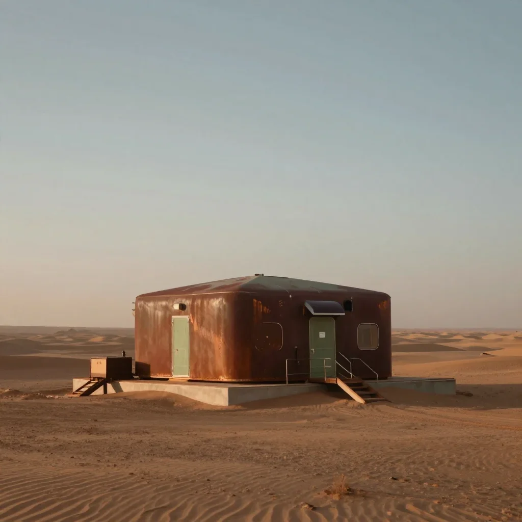 a desert research station in quiet late-afternoon haze, refined editorial travel photography, calm negative space, rust