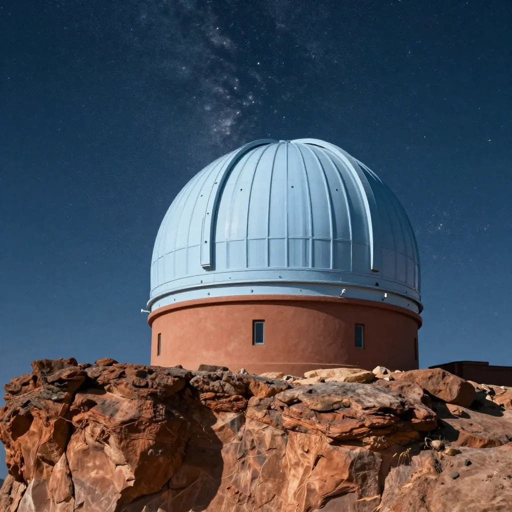 a cliffside observatory beneath a star-filled sky, high-end design magazine photography, crisp material detail, terracot