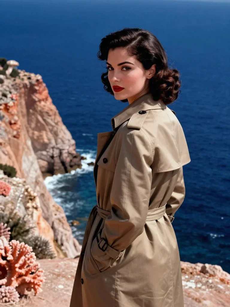 a noir detective's femme fatal muse in a trench coat in an alluring over-the-shoulder glance, on a sun-drenched cliffsid