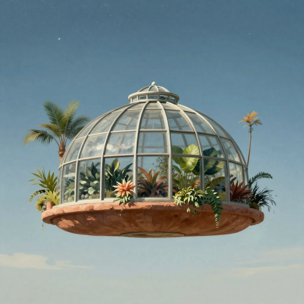 a floating botanical conservatory beneath a star-filled sky, contemporary botanical illustration, calm negative space, t