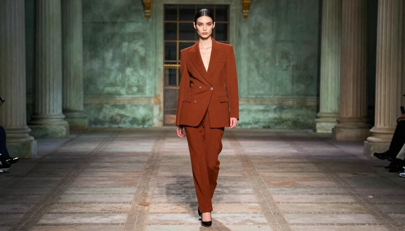 a couture catwalk muse with razor cheekbones in a confident cinematic stride, in a moonlit palace courtyard, National Ge